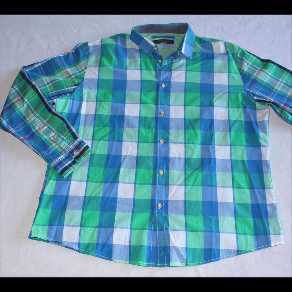 BEN SHERMAN green/blue checkered plaid shirt - Picture 4 of 4